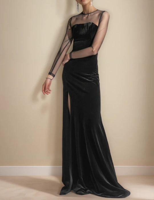Elegant Vintage Black Velvet Dress with Mesh Long Sleeves & Slit