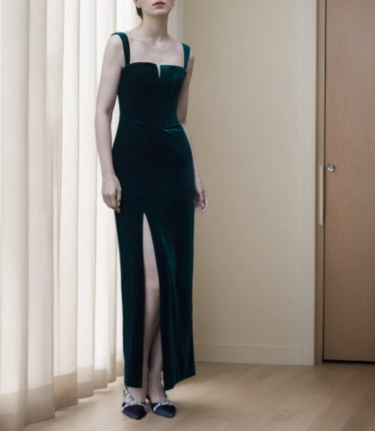 Vintage Spaghetti Strap Square Neckline Velvet Dress with Side Slit