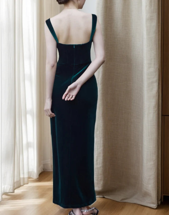 Vintage Spaghetti Strap Square Neckline Velvet Dress with Side Slit