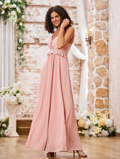 OKBBN slim shoulder strap A-line chiffon bridesmaid dress