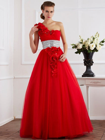 Sexy One Shoulder Sleeveless Handmade Flower Long Mesh Dress