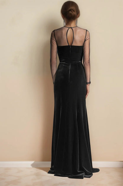 Elegant Vintage Black Velvet Dress with Mesh Long Sleeves & Slit