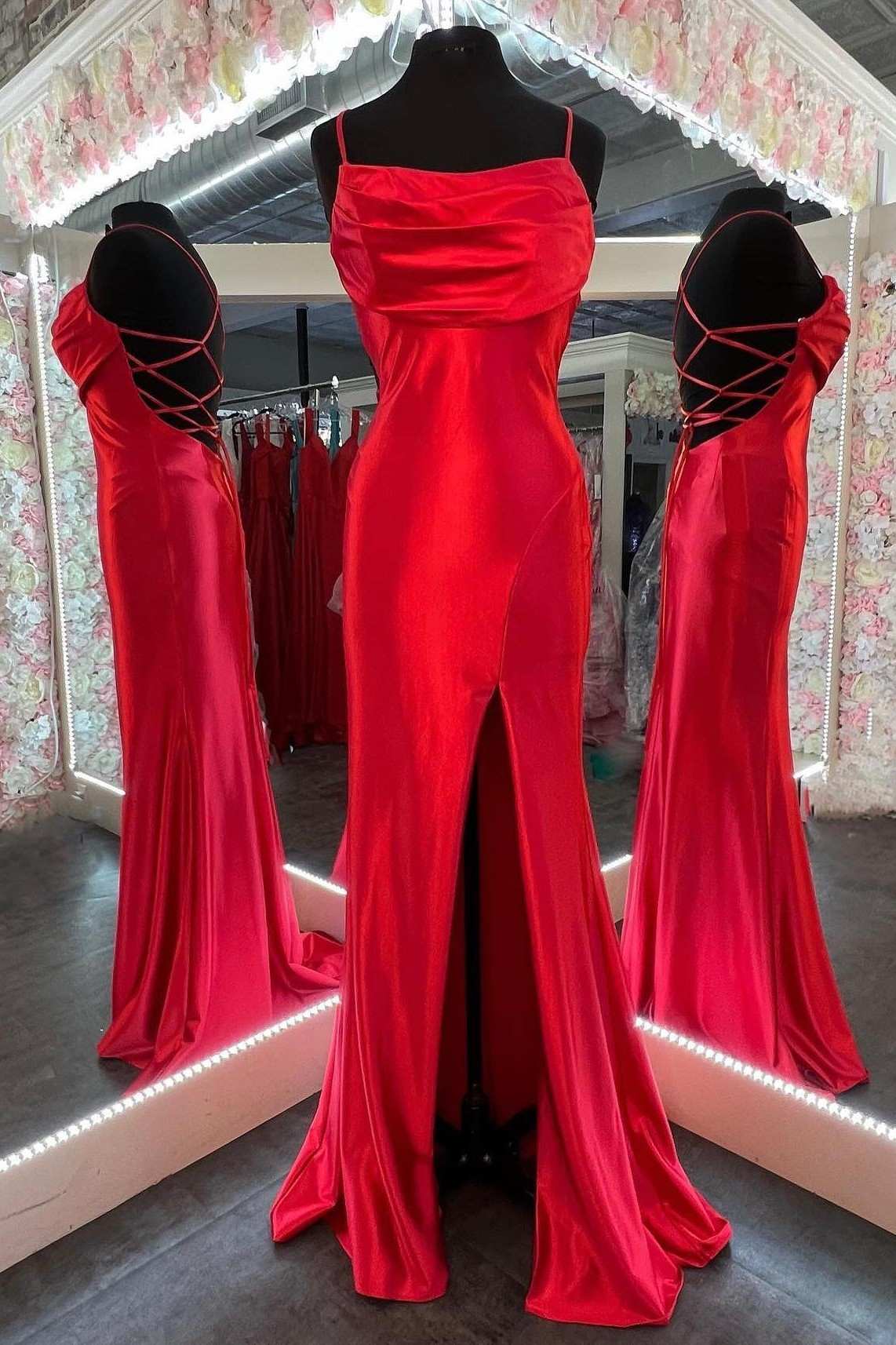 A Line Red Satin Lace Up Prom Dress with Ruffles LBQ0172
