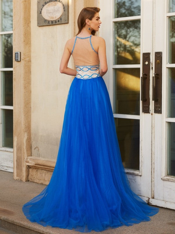 A-line Princess Beaded Sleeveless Floor Sweeping Tulle Party Dress