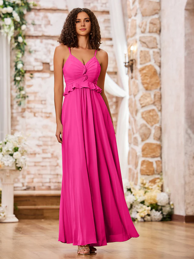OKBBN slim shoulder strap A-line chiffon bridesmaid dress