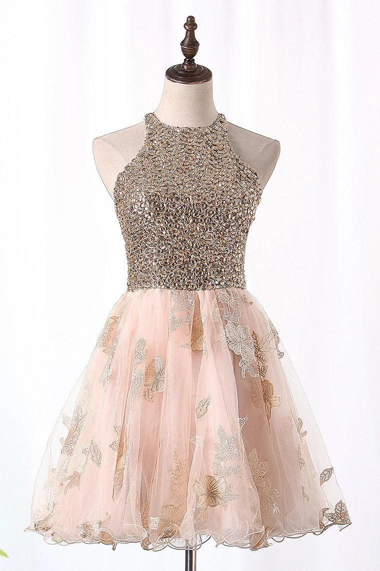 A-line elegant dress with beaded and trimmed strapless chiffon