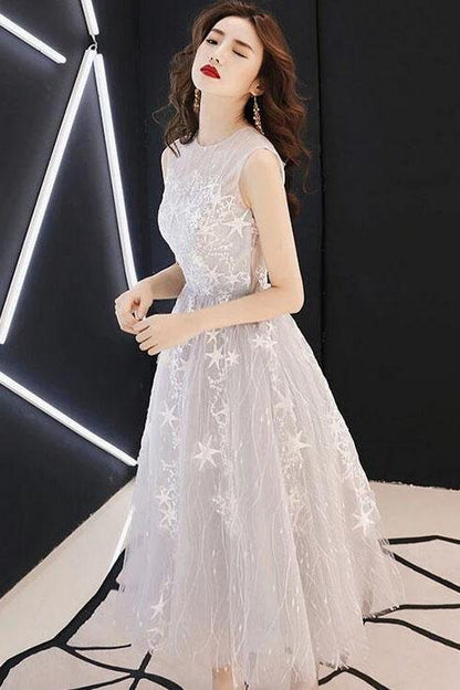 Light gray brown sheer back to school dance dress sheer dance