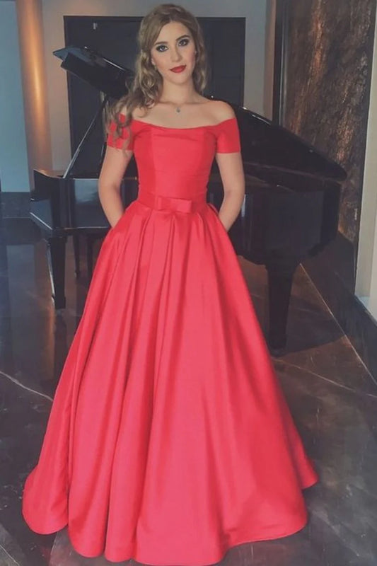 A-line red small round neck short sleeved satin ball party dress with pockets