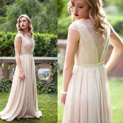 A-line elegant and minimalist chiffon long simple high necked dance dress