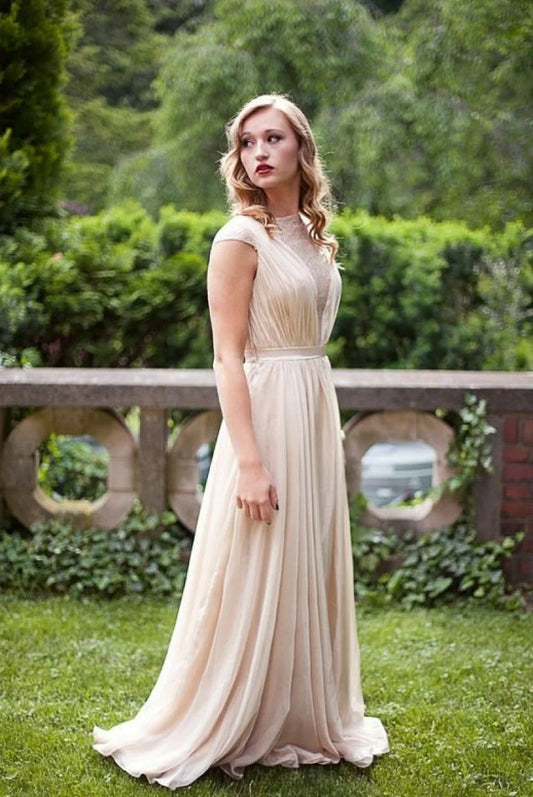 A-line elegant and minimalist chiffon long simple high necked dance dress