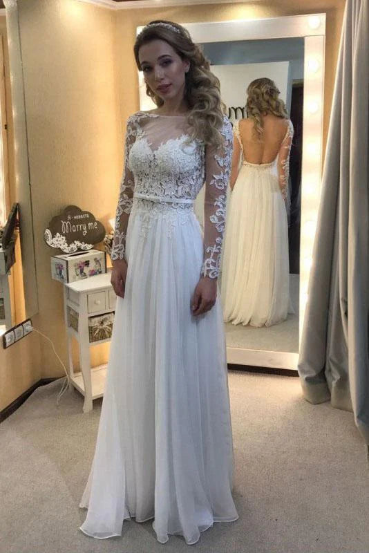 A-line round neck chiffon sheer lace long sleeved backless ball dress