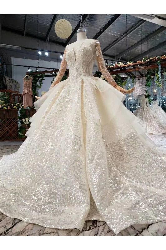 Elegant and Beautiful Bridal Dress Scoop Long Sleeves High Quality sheer with beading