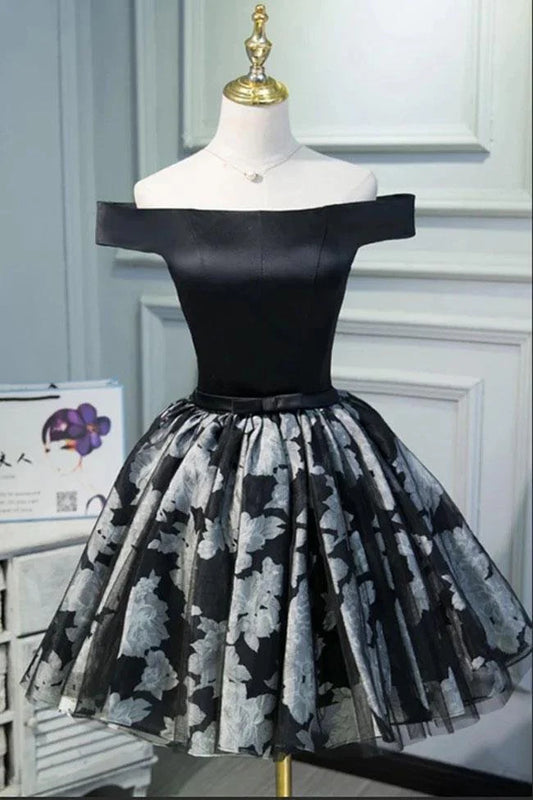 Black Satin Off Shoulder Cute Back to School Dress Short Cocktail