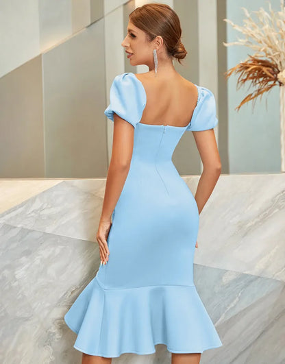 Charming Sexy Elegant Bodycon Fluffy Sleeves Blue Cocktail Dress