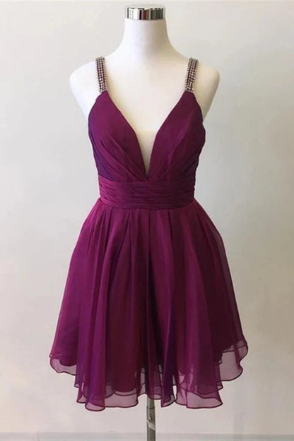 Cute Deep V-neck Purple Chiffon Bead Party Homecoming Dress