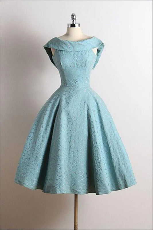 Cute retro A-line sleeveless knee length lace up blue back to school dance dress