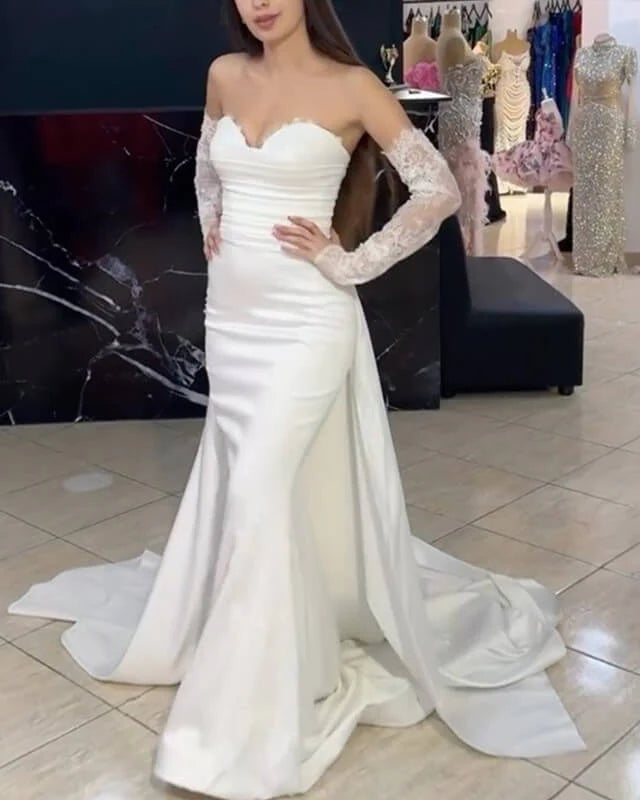 Timeless Mermaid Strapless Satin Sequin Beaded Long Wedding Dresses
