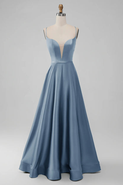 A-Line Spaghetti Straps Long Bridesmaid Dress with Lace-up Back