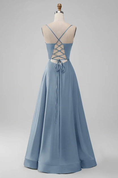 A-Line Spaghetti Straps Long Bridesmaid Dress with Lace-up Back