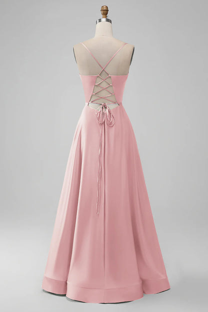 A-Line Spaghetti Straps Long Bridesmaid Dress with Lace-up Back