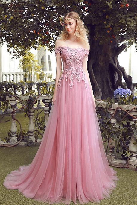 Elegant Pink A-line Off Shoulder Lace up Long Pink Lace up Tulle Ball DressElegant Pink A-line Off Shoulder Lace up Long Pink Lace up Tulle Ball Dress