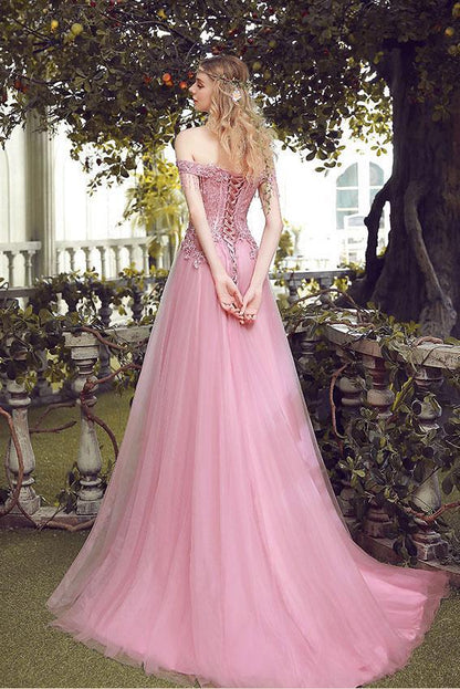 Elegant Pink A-line Off Shoulder Lace up Long Pink Lace up Tulle Ball DressElegant Pink A-line Off Shoulder Lace up Long Pink Lace up Tulle Ball Dress