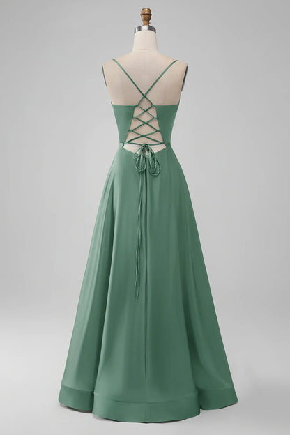 A-Line Spaghetti Straps Long Bridesmaid Dress with Lace-up Back