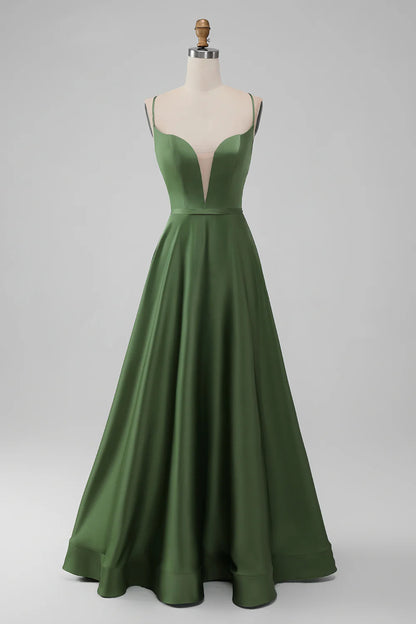 A-Line Spaghetti Straps Long Bridesmaid Dress with Lace-up Back