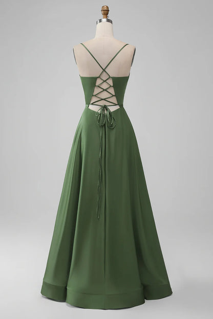 A-Line Spaghetti Straps Long Bridesmaid Dress with Lace-up Back