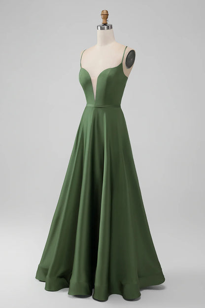 A-Line Spaghetti Straps Long Bridesmaid Dress with Lace-up Back