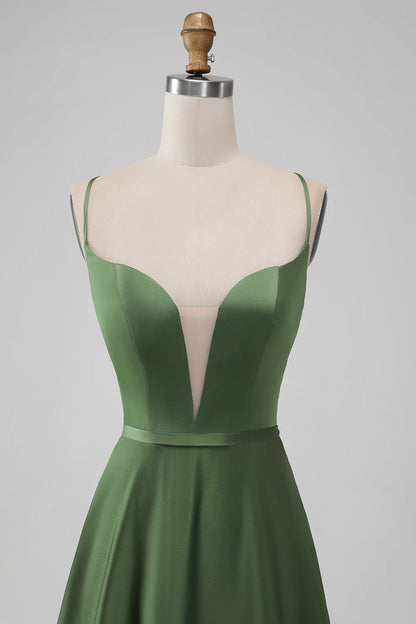 A-Line Spaghetti Straps Long Bridesmaid Dress with Lace-up Back
