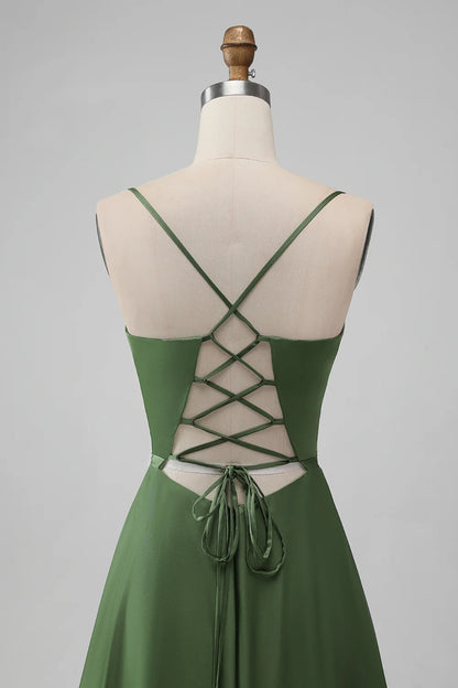 A-Line Spaghetti Straps Long Bridesmaid Dress with Lace-up Back