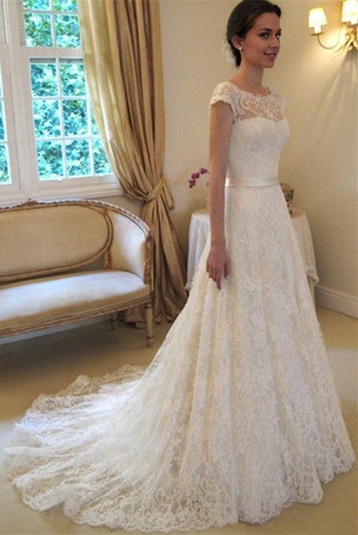 A-Line Short Sleeve Court Train Wedding Dress