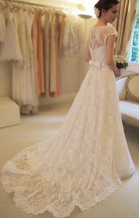 A-Line Short Sleeve Court Train Wedding Dress