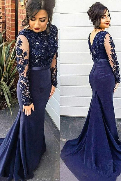 Mermaid lace blue bead high necked long sleeved plus size ball dress