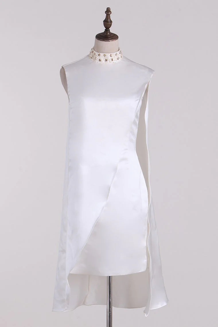 New Elegant High Neck Satin Beaded Dress