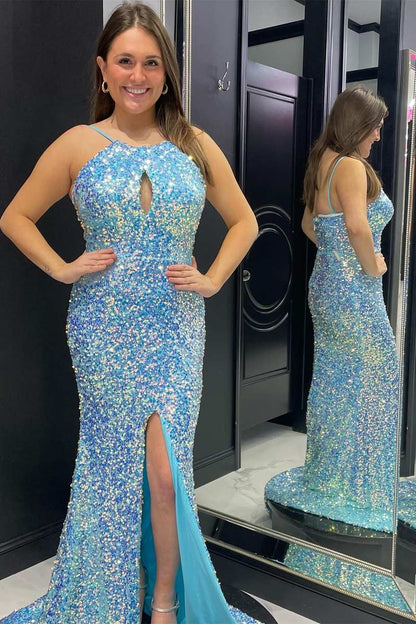 Plus size blue rainbow sequin mermaid long slit ball dress