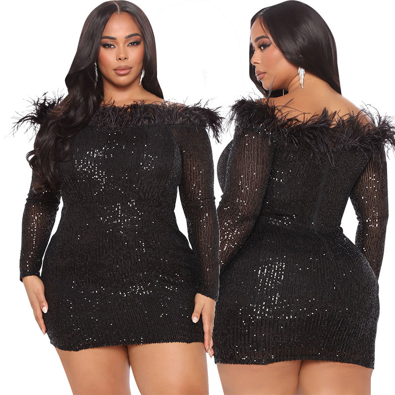 Plus size sexy off the shoulder tight sequin feather short ball dress