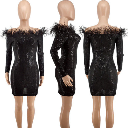 Plus size sexy off the shoulder tight sequin feather short ball dress
