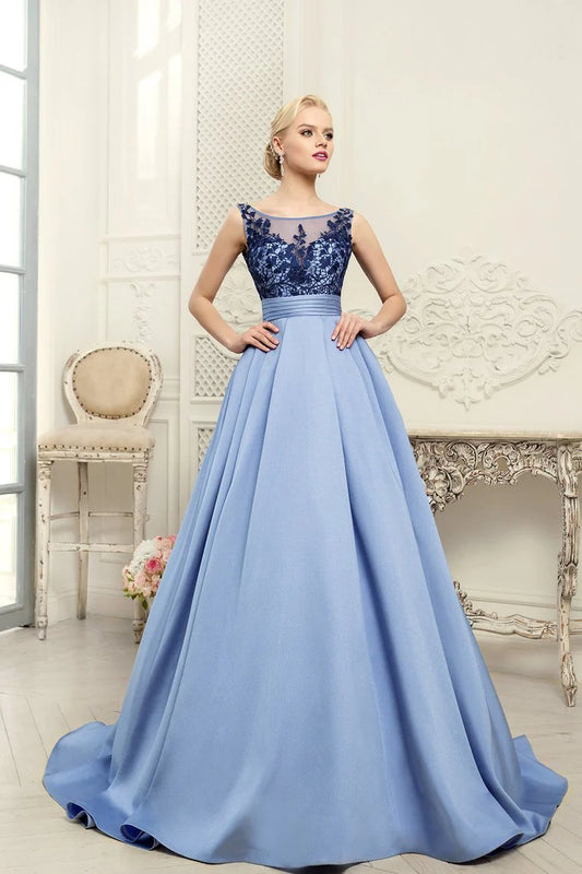 Scoop Blue Elegant Satin Sleeveless Ball Dress