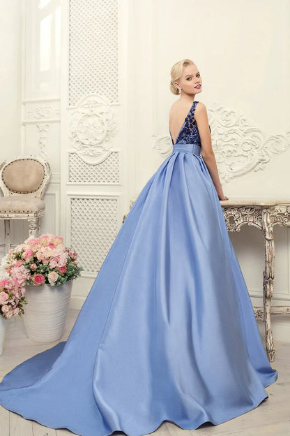 Scoop Blue Elegant Satin Sleeveless Ball Dress