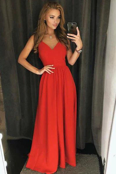 A simple A-line red spaghetti strap V-neck backless ball dress