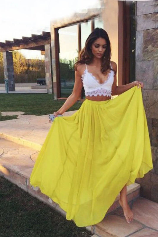 Simple and beautiful lace V-neck two-piece A-line long ball dress