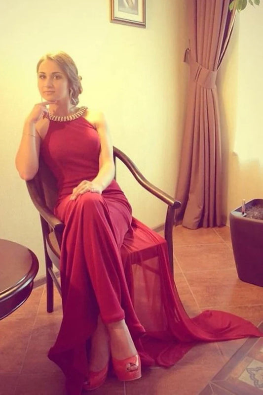 Minimalist Red Mermaid High Neck Ball Dress Chiffon Backless Evening Dress