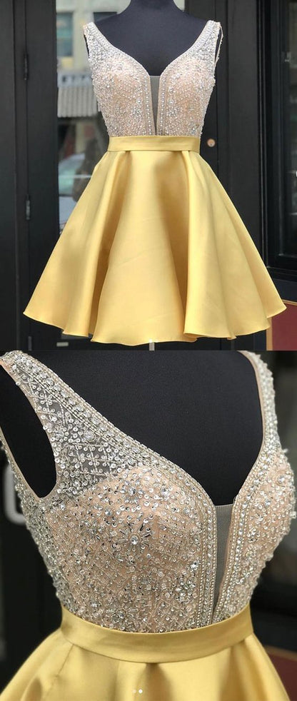 Sparkling Homecoming Party Dress with V-neck Satin Beads