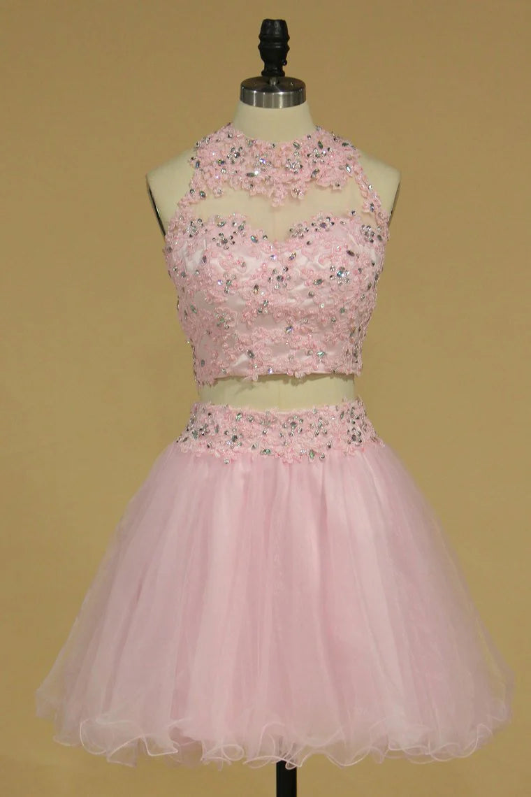 Two piece set of A-line chiffon with sticker short style mini cocktail ball dress