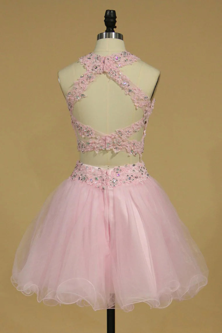 Two piece set of A-line chiffon with sticker short style mini cocktail ball dress