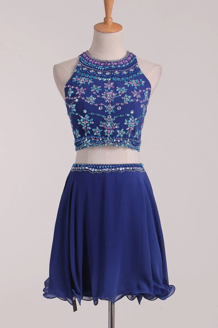 Two piece sexy and elegant backless and navel exposed chiffon dress