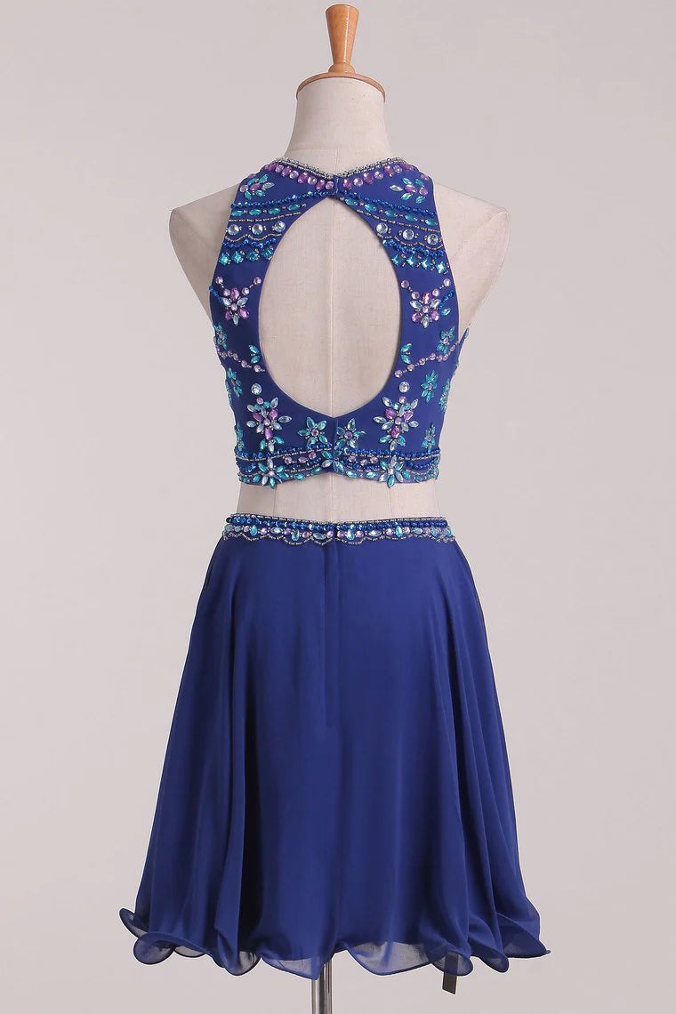 Two piece sexy and elegant backless and navel exposed chiffon dress