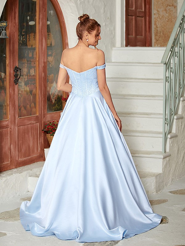 Ball Gown Satin Bead Sexy Off Shoulder Sleeveless Dress